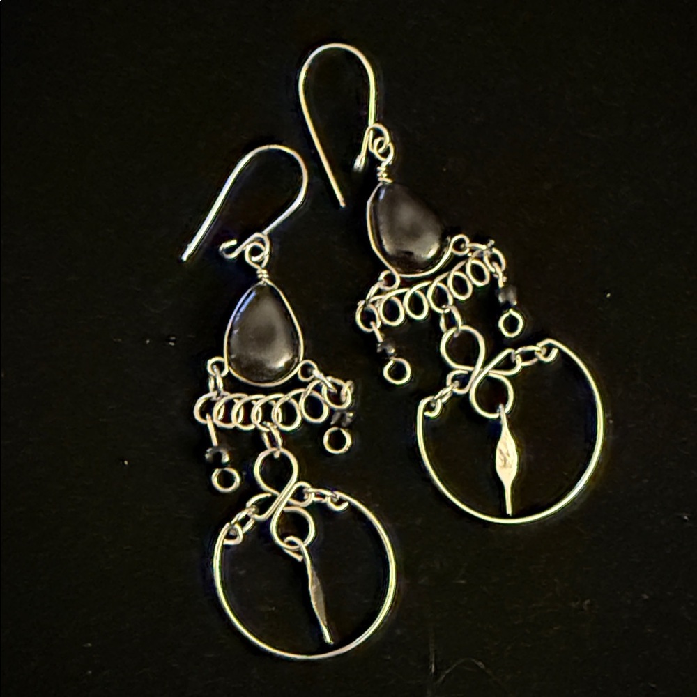 Elegant handmade alpaca Silver with black glass Chandelier Earrings